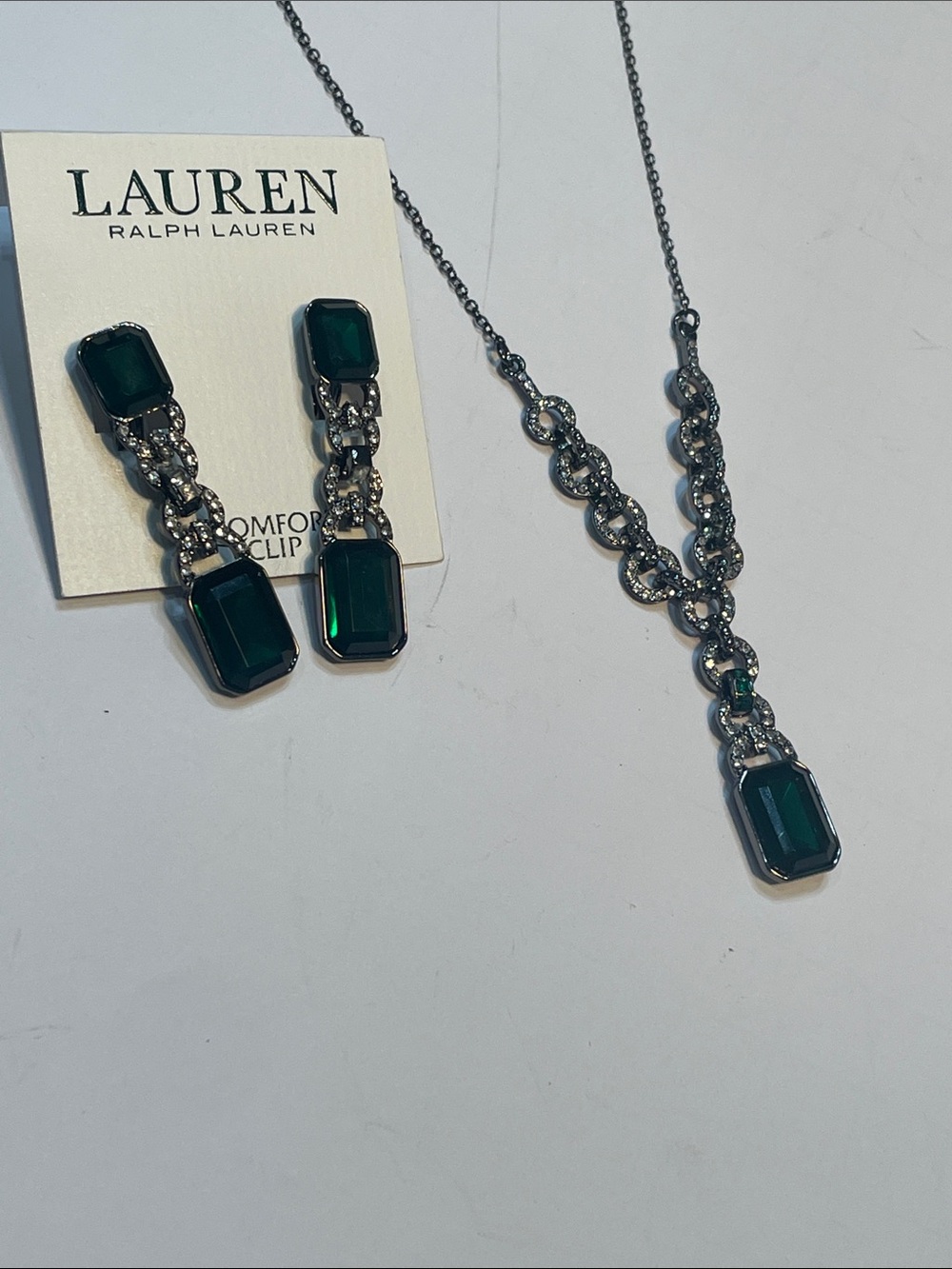 Lauren Ralph Lauren Green Crystal Pendant Necklace and Clip-On Earrings Set